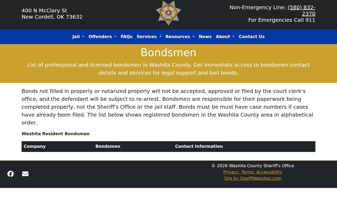 Washita County warrant lookup bondsman record page