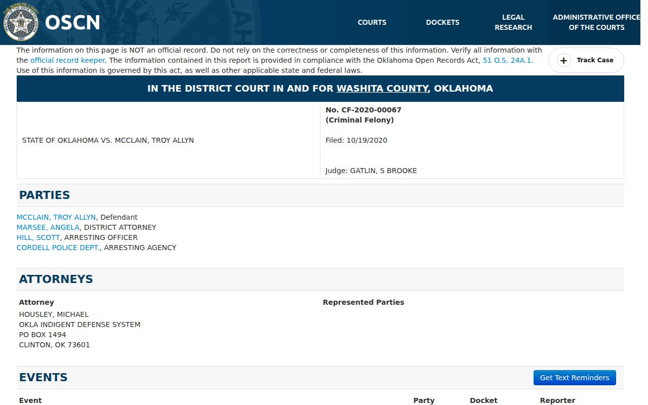 Washita County bench warrant docket event table