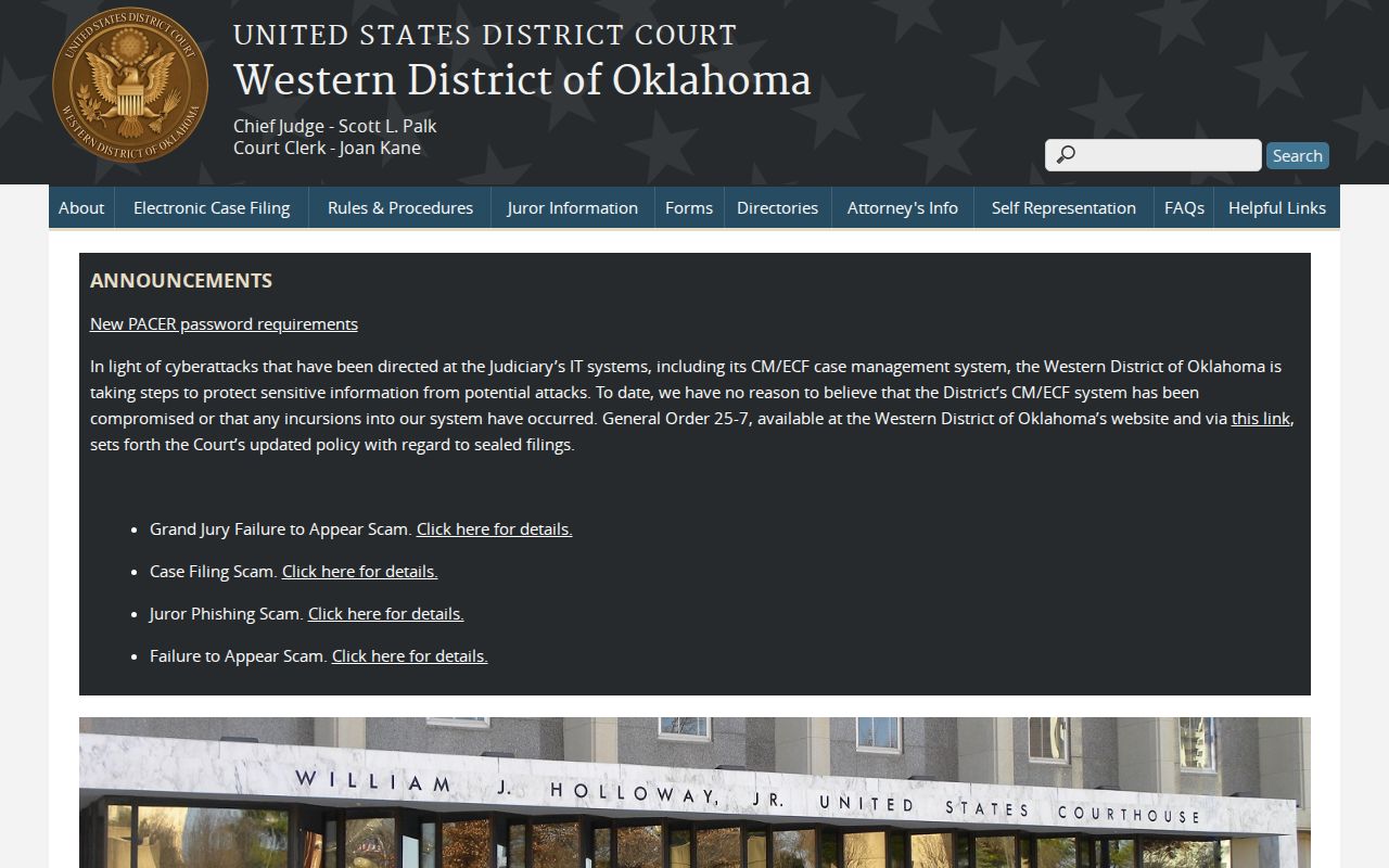 Washita County arrest warrant federal district court office