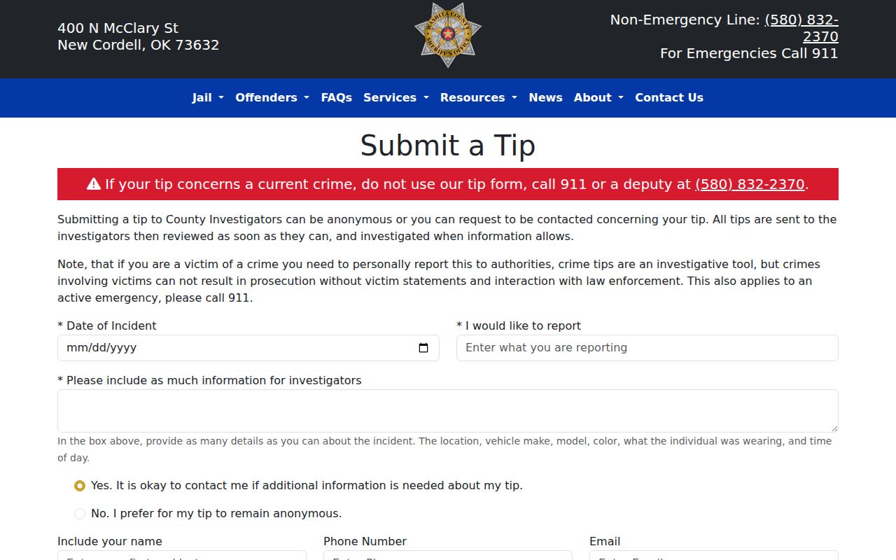 Washita County Most Wanted anonymous tip form