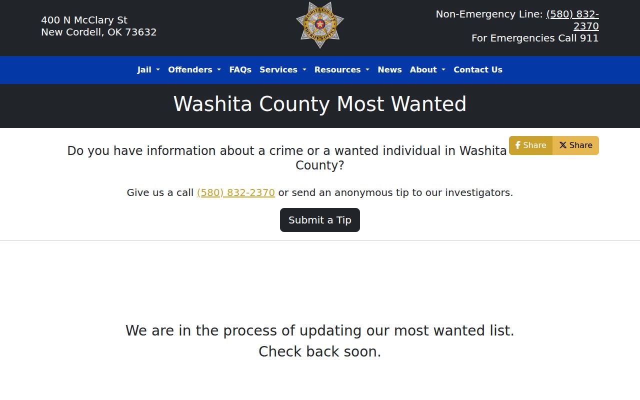 Washita County outstanding warrants Most Wanted program